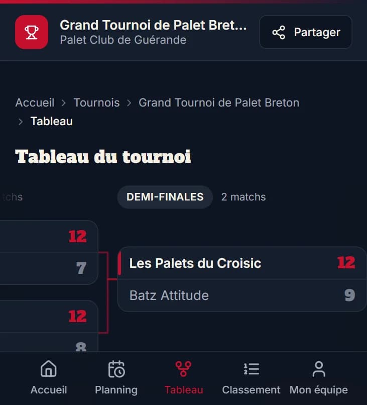 Le tableau à élimination directe d'un tournoi de palet breton sur téléphone, avec les demi-finales et les scores.